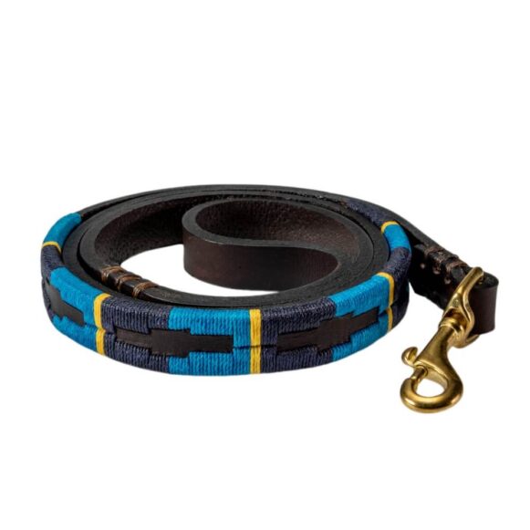 Skinny Blue Polo Dog Lead - Gaucho Belt - Vegetable tanned Leather - Brass